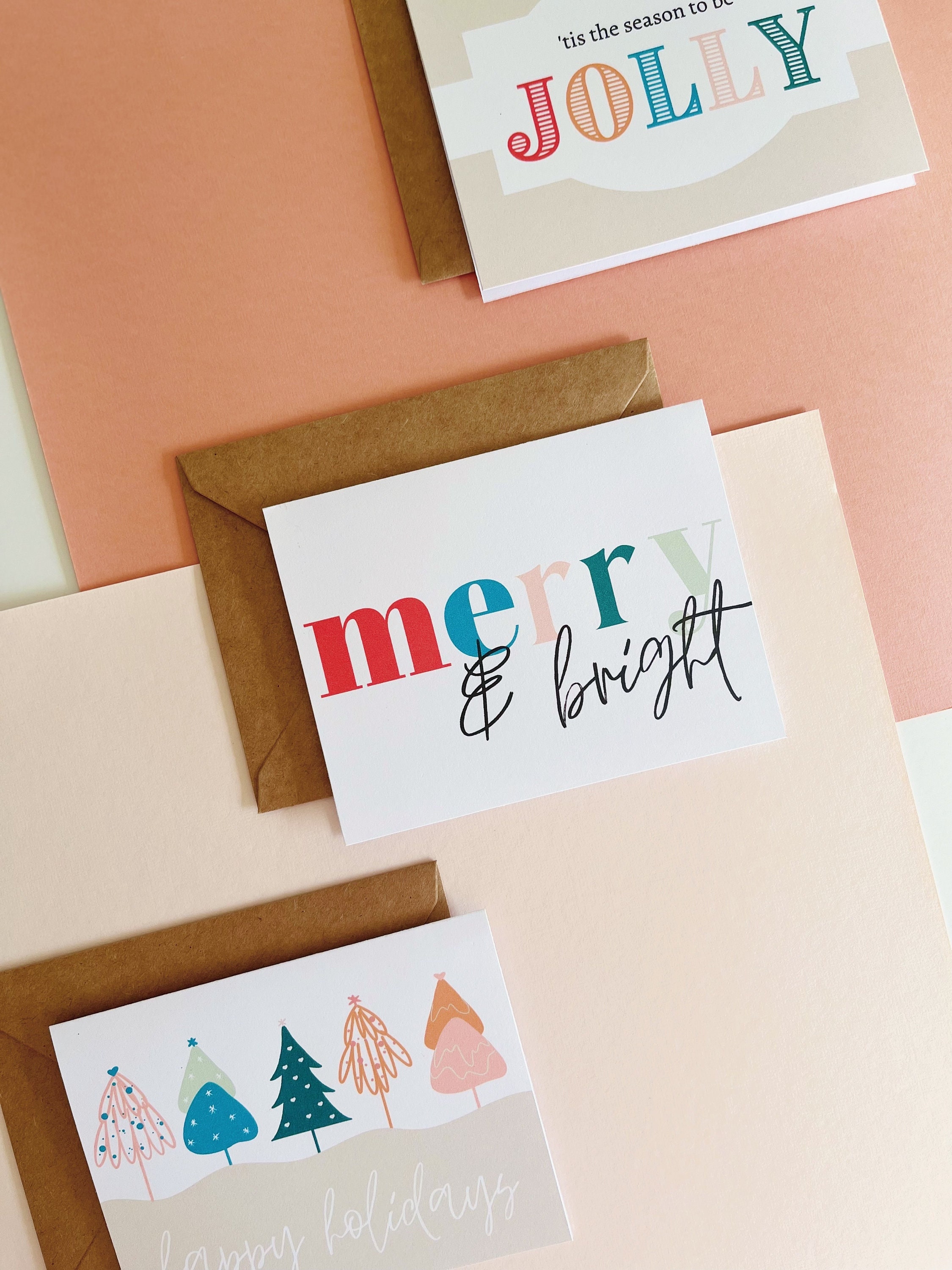 Kerstkaarten | Vrolijk en helder | Afdrukbare kerstkaarten | Kerstkaartenset | Kleurrijke winterkaarten | Moderne kerst | Roze | Blauw