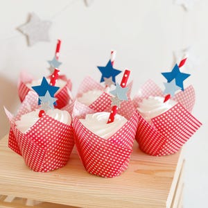 Pu&ograve; includere: Fodere per cupcake in vichy rosso e bianco con glassa bianca e decorazioni a forma di stella blu e argento. I cupcake sono disposti su un supporto a pi&ugrave; livelli in legno.