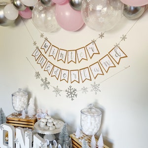 Snowflake Balloon Garland Winter Wonderland Onederland First Birthday Party Pink White Silver Snowflake Balloons Winter Baby Shower image 2