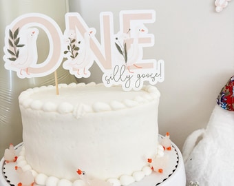 One Silly Goose Cake Topper | Goose 1st Birthday Decorations | Vintage Pink Gingham Girls First Birthday Decor | Spring Girls Bday