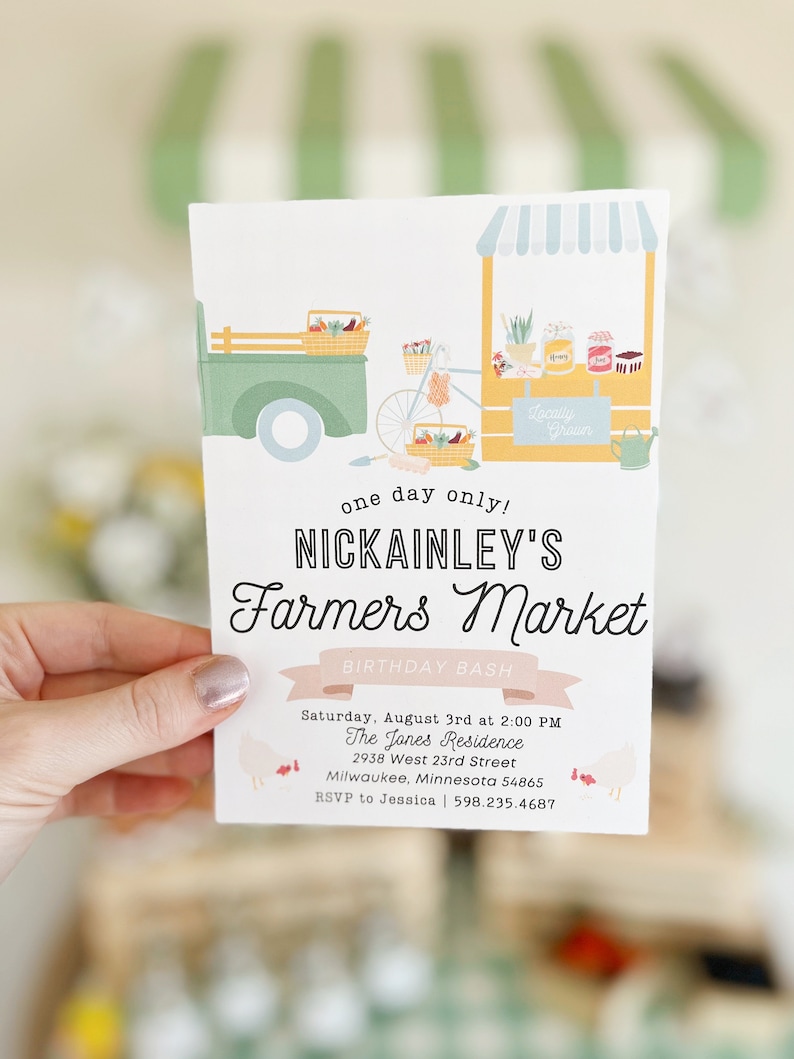 May include: A white invitation card with a cartoon illustration of a green truck and a bicycle with a stand selling produce. The text reads "one day only! NICKAINLEY'S Farmers Market BIRTHDAY BASH Saturday, August 3rd at 2:00 PM The Jones Residence 2938 West 23rd Street Milwaukee, Minnesota 54865 RSVP to Jessica | 598.235.4687"