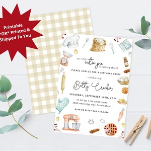May include: A printable birthday party invitation with a watercolor illustration of baking supplies, including a mixer, rolling pin, and pie. The text reads "Our little cutie pie is turning three! Please join us for a birthday party - celebrating - Betty Crocker. Saturday, September 16th, 2024. 11:00 am | The Smith Home. 7830 Westridge Way, Birmingham. RSVP to Betsy 568.326.4896"