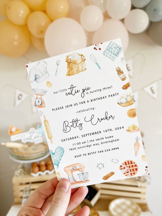 Little Cutie Pie Birthday Party Invitation | Printable or Printed | Baking Theme Invite | Girl | 1st, 2nd, 3rd | Kids Bday | Sweet as Pie