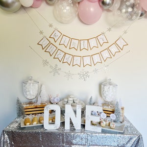 Snowflake Balloon Garland Winter Wonderland Onederland First Birthday Party Pink White Silver Snowflake Balloons Winter Baby Shower image 4