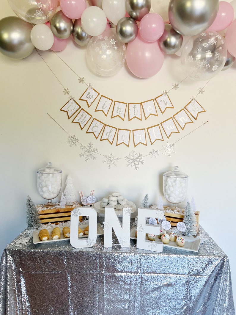 Snowflake Balloon Garland Winter Wonderland Onederland First Birthday Party Pink White Silver Snowflake Balloons Winter Baby Shower image 4