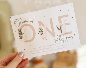One Silly Goose Birthday Invitation Template | Girl 1st Birthday Printable or Printed Invite | Geese First Birthday | Vintage Pink Gingham