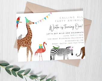 Party Animals Birthday Invitation | Zoo Safari Animal Printable Birthday Invite | Digital Download | Printable or Printed Invite | Wild One