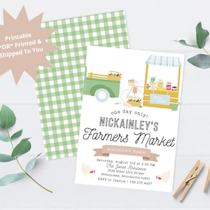 May include: A printable invitation for a birthday party with a green truck and a market stand with produce and flowers. The text reads "One day only! Nickainley's Farmers Market Birthday Bash" with the date, time, and location of the party.
