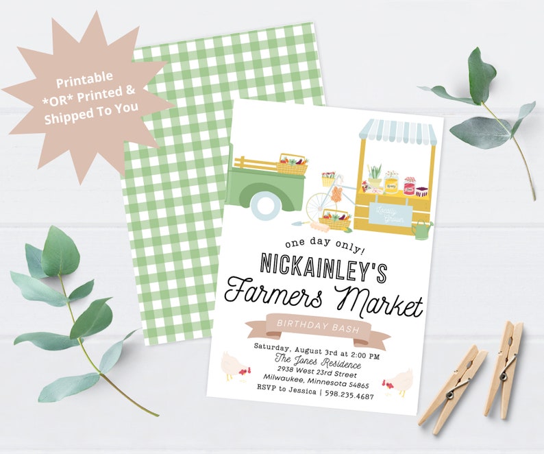 May include: A printable invitation for a birthday party with a green truck and a market stand with produce and flowers. The text reads "One day only! Nickainley's Farmers Market Birthday Bash" with the date, time, and location of the party.