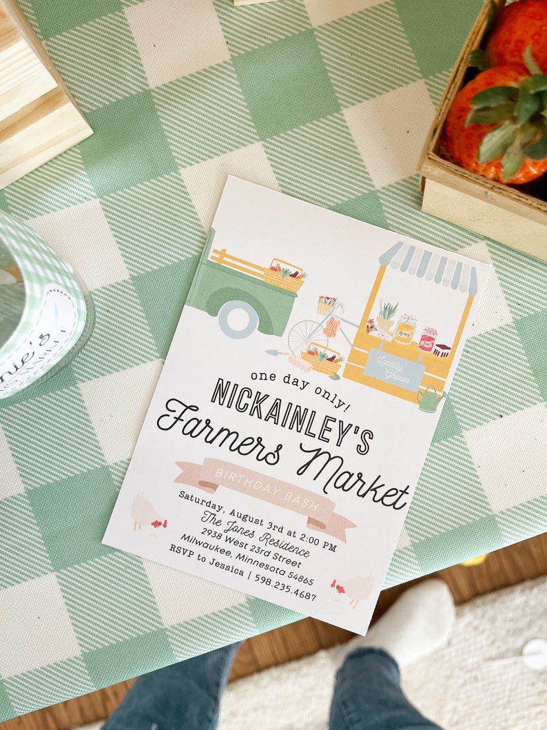 May include: A colorful invitation for a birthday party called "Nickainley's Farmers Market Birthday Bash". The invitation features a cartoon illustration of a green truck with a bicycle and a market stand. The party is on Saturday, August 3rd at 2:00 PM at The Jones Residence, 2938 West 23rd Street, Milwaukee, Minnesota 54865. RSVP to Jessica at 598.235.4687.