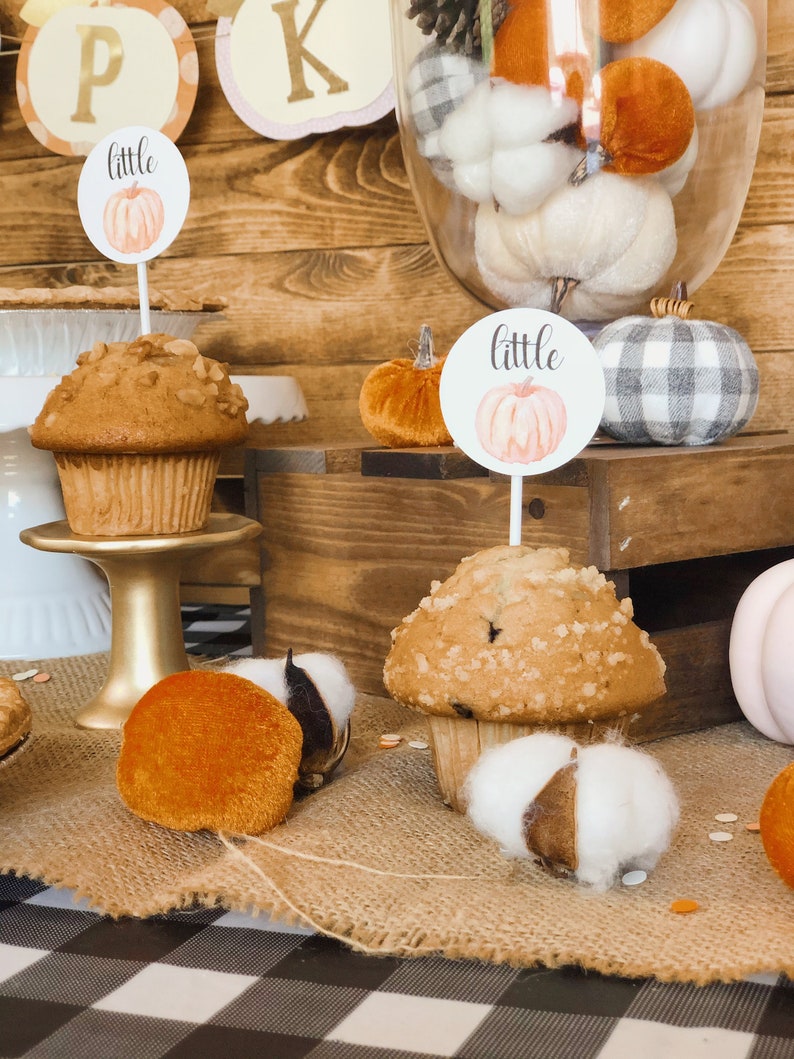 Little Pumpkin Cupcake Toppers Little Pumpkin Baby Shower Decorations Fall Baby Shower Decor Fall Themed Baby Shower Fall Baby image 3