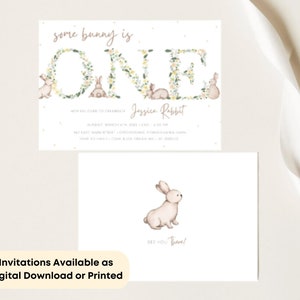 May include: A floral-themed first birthday invitation for a baby girl named Jessica Rabbit. The invitation features a large floral letter "O" with a bunny rabbit peeking out from behind it. The text "some bunny is ONE" is written in a pink script font. The invitation also includes a smaller bunny rabbit illustration with the text "See you there!"