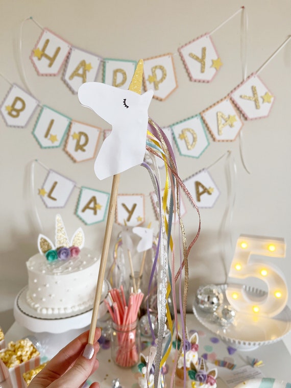 Unicorn Wands | Fairy Wands | Gold Glitter Ribbon | Princess Unicorn Fairy Party Favor | Unicorn Birthday Party Decoration | Magical Rainbow