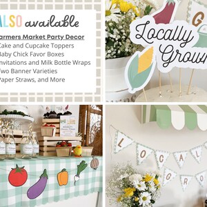 May include: A green and white striped awning with a banner that reads "Locally Grown". The banner is made of green and white gingham fabric and has a scalloped edge. There are also several other decorations, including a watering can, a corn cob, and a red pepper.
