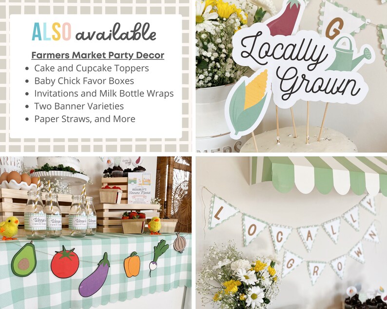 May include: A green and white striped awning with a banner that reads "Locally Grown". The banner is made of green and white gingham fabric and has a scalloped edge. There are also several other decorations, including a watering can, a corn cob, and a red pepper.