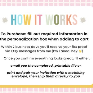 May include: A yellow and pink graphic with the text "HOW IT WORKS" in colorful letters. The text explains the process of purchasing and receiving a personalized invitation. The text includes the phrase "I'm Tanea, hey!"