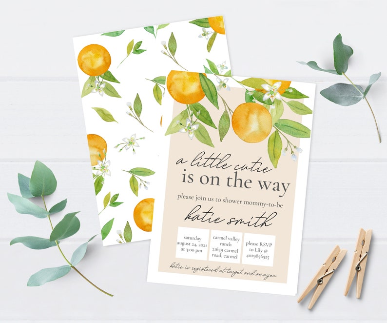 A Little Cutie is on the Way Baby Shower Invitation Clementine Orange Gender Neutral Gender Reveal Citrus Baby Shower Decoration image 1