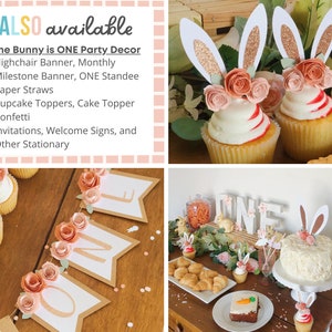 May include: A first birthday party decoration set with a bunny theme. The set includes a banner with the word "ONE" decorated with pink roses, cupcake toppers with bunny ears and pink roses, and a cake with bunny ears and pink roses. The set is perfect for a baby's first birthday party.