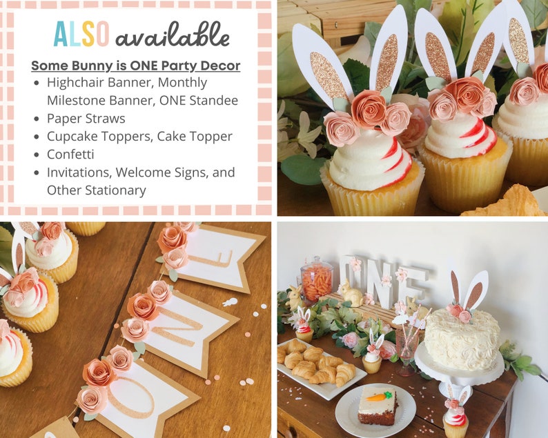May include: A first birthday party decoration set with a bunny theme. The set includes a banner with the word "ONE" decorated with pink roses, cupcake toppers with bunny ears and pink roses, and a cake with bunny ears and pink roses. The set is perfect for a baby's first birthday party.