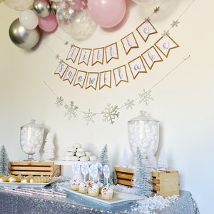 Snowflake Balloon Garland Winter Wonderland Onederland First Birthday Party Pink White Silver Snowflake Balloons Winter Baby Shower image 6