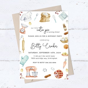 May include: A white invitation with a watercolor illustration of baking supplies. The text reads "our little cutie pie is turning three! Please join us for a birthday party -celebrating- Betty Crocker Saturday, September 16th, 2024 11:00 am | the smith home 7830 westridge way, birmingham RSVP to Betsy 568.326.4896"