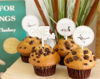 One Lucky Duck Cupcake Topper | Boy First Birthday Decoration | Mallard Duck Party | Duck 1st Birthday | Duck Baby Shower | Neutral Shower