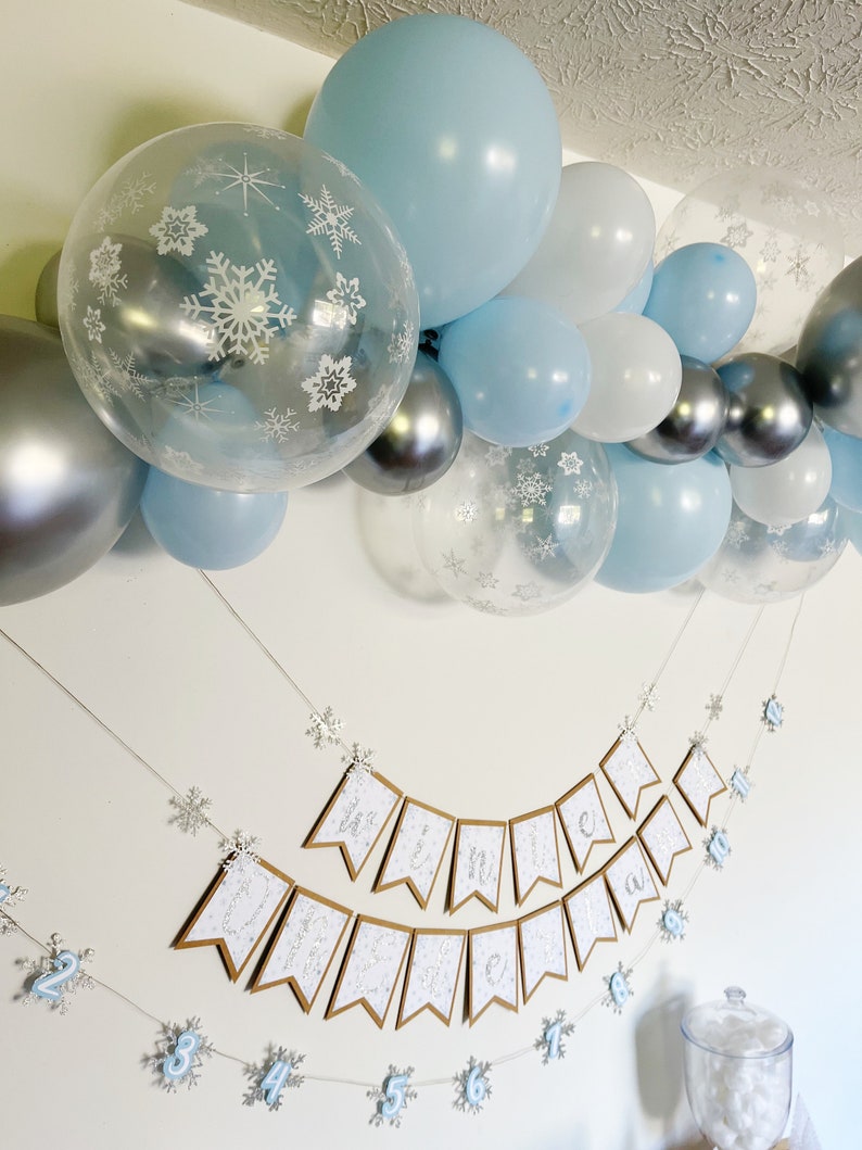 Snowflake Balloon Garland Winter Wonderland Onederland First Birthday Party Blue White Silver Snowflake Balloons Winter Baby Shower image 6