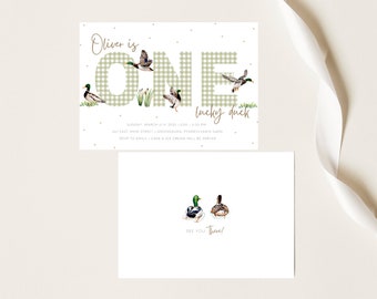 One Lucky Duck Birthday Invitation | Duck Hunting Theme First Birthday Invite | Neutral Green Gingham | Template | Printed or Printable