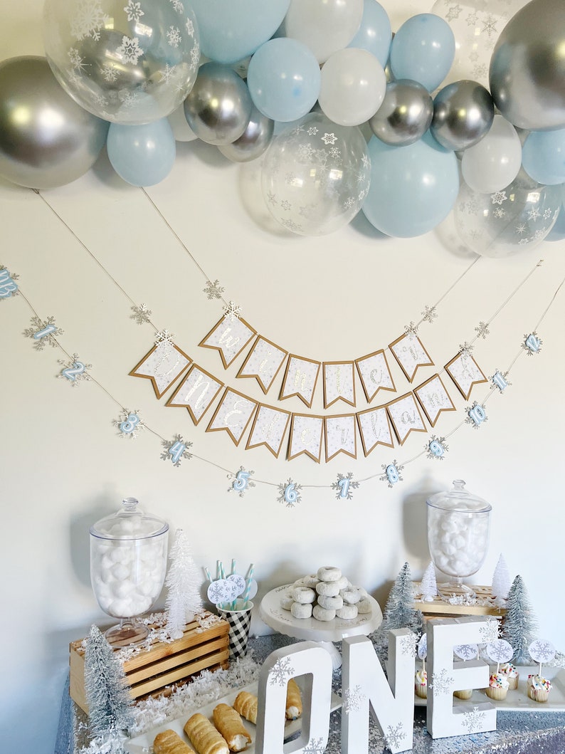 Snowflake Balloon Garland Winter Wonderland Onederland First Birthday Party Blue White Silver Snowflake Balloons Winter Baby Shower image 7