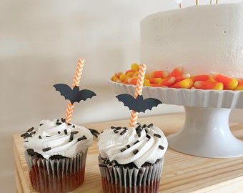 Bat Cupcake Topper | Set of 10 | Halloween cake topper | Halloween baby shower | Halloween birthday | Spooky Paper Straw | Party Decorations