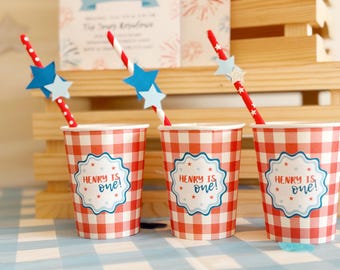 Custom Red Plaid Paper Cups 10ct | 4th of July Party | Little Firecracker First Birthday | Red White Blue USA Party | Red White and Two