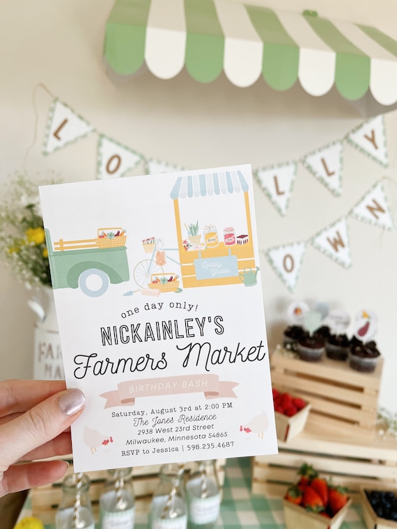 Farmers Market Birthday Party Invitation | Printable or Printed | Farm Theme Invite | Girl Boy | 1st, 2nd, 3rd | Fruit | Kids Bday | Flower