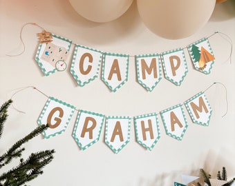 Personalisierte Camping Geburtstagsgirlande | Benutzerdefinierte Lagergirlande | Camp Themed Party Decor | Ein glücklicher Camper-Geburtstag | Babypartydekorationen