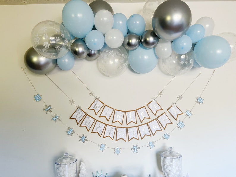 Snowflake Balloon Garland Winter Wonderland Onederland First Birthday Party Blue White Silver Snowflake Balloons Winter Baby Shower image 1