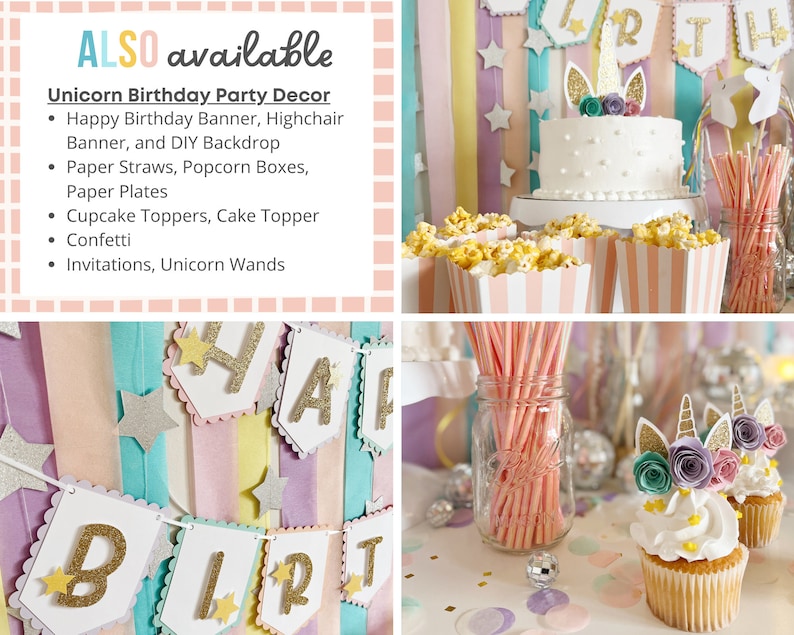 Pu&ograve; includere: Decorazioni per feste di compleanno a tema unicorno, tra cui uno striscione, topper per cupcake, scatole per popcorn, cannucce di carta e bacchette di unicorno. Lo striscione dice "Buon compleanno".