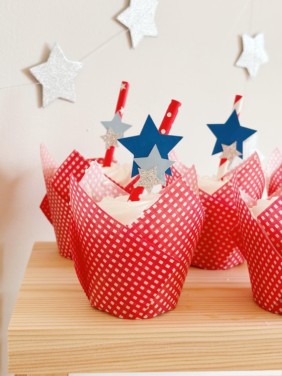 Fourth of July Birthday Party Cupcake Toppers Set | July 4th Birthday Decor | Little Firecracker | Red White and Two | Land of the Three