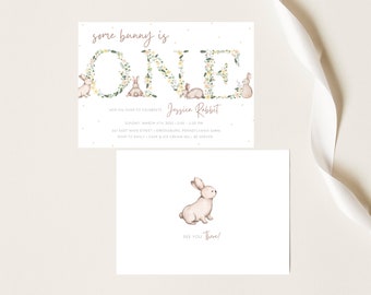 Un lapin est une première invitation d'anniversaire | Invitation imprimable ou imprimée | Bunny Ears Boho Floral Boho Pâques Printemps Fille | Lapin