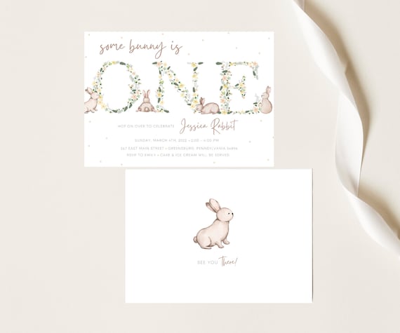 Some Bunny is One First Birthday Invitation | Printable or Printed Invite | Bunny Ears Boho Floral Bohemian Easter Spring Girl | Rabbit