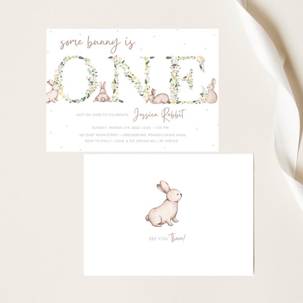 Some Bunny is One First Birthday Invitation | Printable or Printed Invite | Bunny Ears Boho Floral Bohemian Easter Spring Girl | Rabbit
