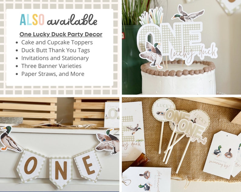May include: A set of party decorations for a first birthday with a duck theme. The decorations include a cake topper, cupcake toppers, thank you tags, invitations, banners, and paper straws. The decorations are in a rustic style with a gingham pattern and duck illustrations.
