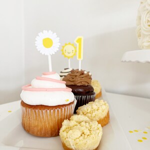 Może przedstawiać: Biały cupcake z r&oacute;żowym lukrem i ozdobą w kształcie stokrotki, czekoladowy cupcake z brązowym lukrem i dwa ż&oacute;łte cupcakes z kruszonką na białym talerzu.  Cupcakes są ozdobione słońcem i cyfrą jeden.