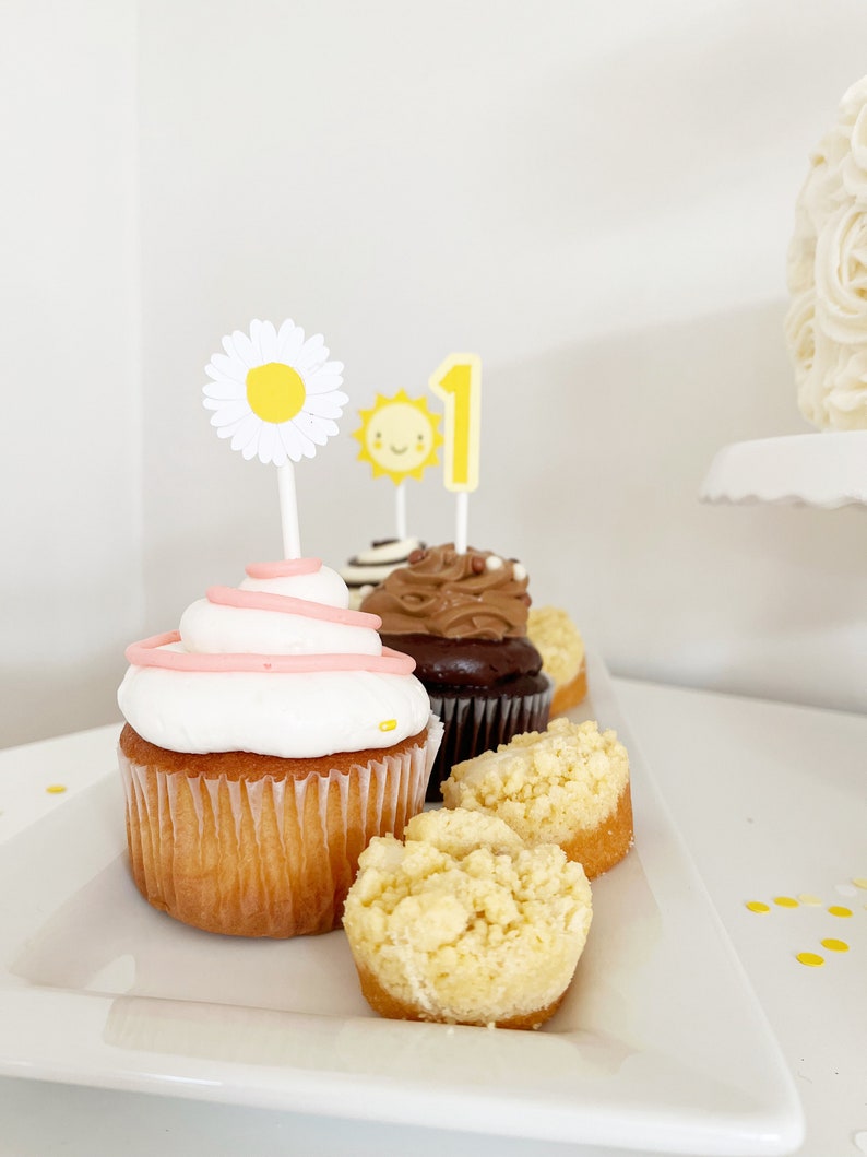 Może przedstawiać: Biały cupcake z r&oacute;żowym lukrem i ozdobą w kształcie stokrotki, czekoladowy cupcake z brązowym lukrem i dwa ż&oacute;łte cupcakes z kruszonką na białym talerzu.  Cupcakes są ozdobione słońcem i cyfrą jeden.