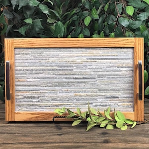 Large Oak Serving Tray, Rustic Quartzite Tile Inlay & Metal Handles, 18 x 11