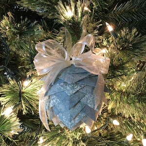 Handmade Paper Pinecone Christmas Ornament: Sage Green & Ivory