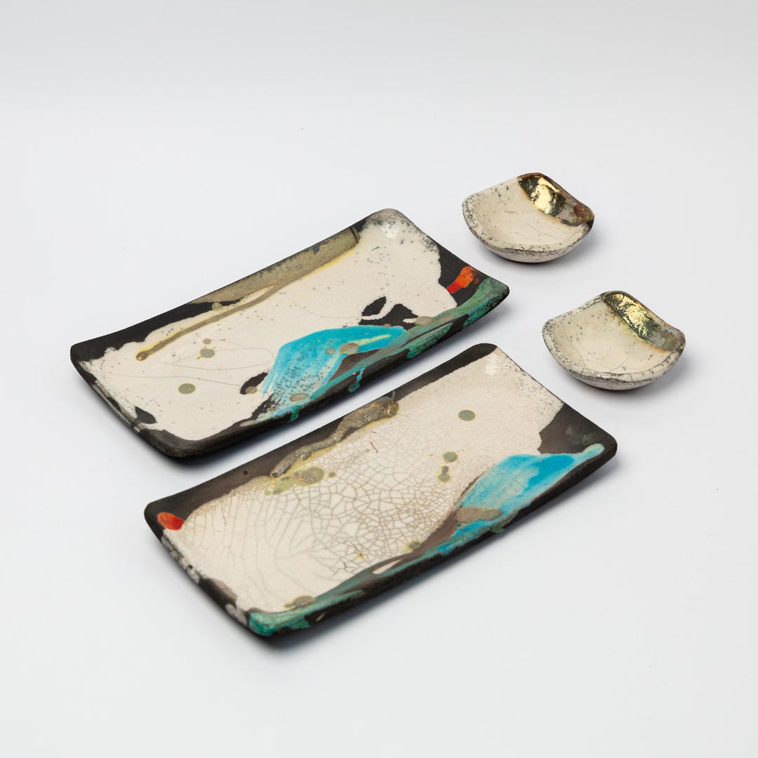 Susmi Raju Handmade Raku Style Sushi Set for Two - Ceramic Sushi Plates & Soy ...