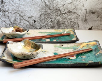 Unique sushi set for two / Two plates and two bowls / Raku ceramic / Art