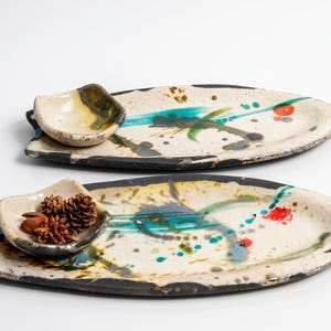 Handmade Raku Ceramic Sushi Set for Two, Wabi Sabi Pottery Plates.