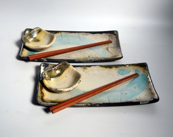 Sushi set for two / Raku ceramic / Art ceramic / Handmade / Unique