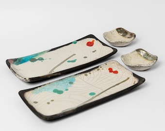 Raku Style Sushi Set – Abstract Ceramic Plates, Soy Bowls, Wabi Sabi Dinnerware
