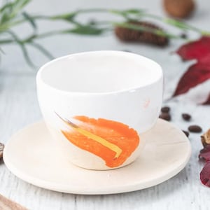 Six ceramic mugs+plates / Stoneware / Gold / Handmade / Handpainted / High quality